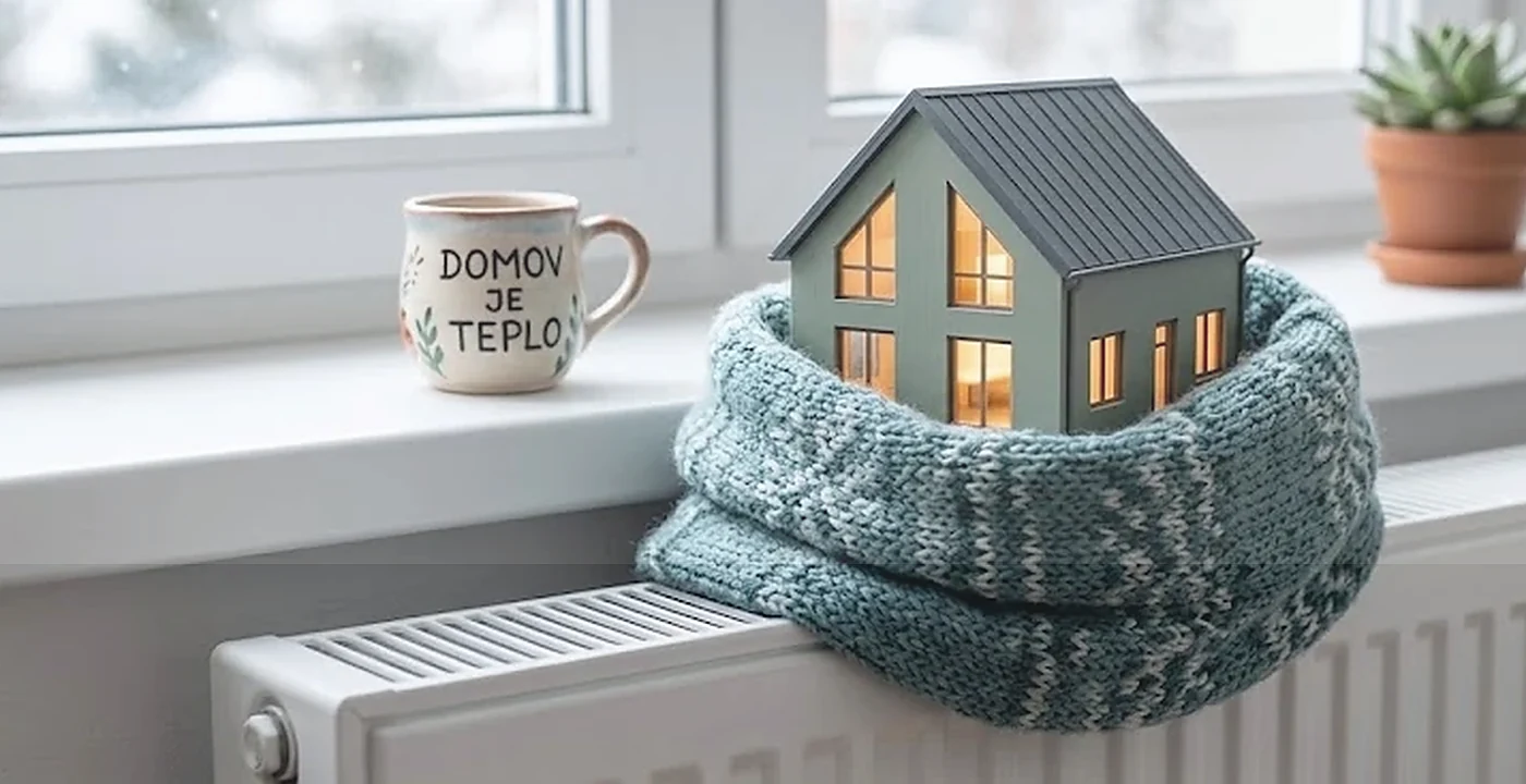 Teplý domov u okna a radiátoru jako symbol omezení tepelných ztrát při větrání